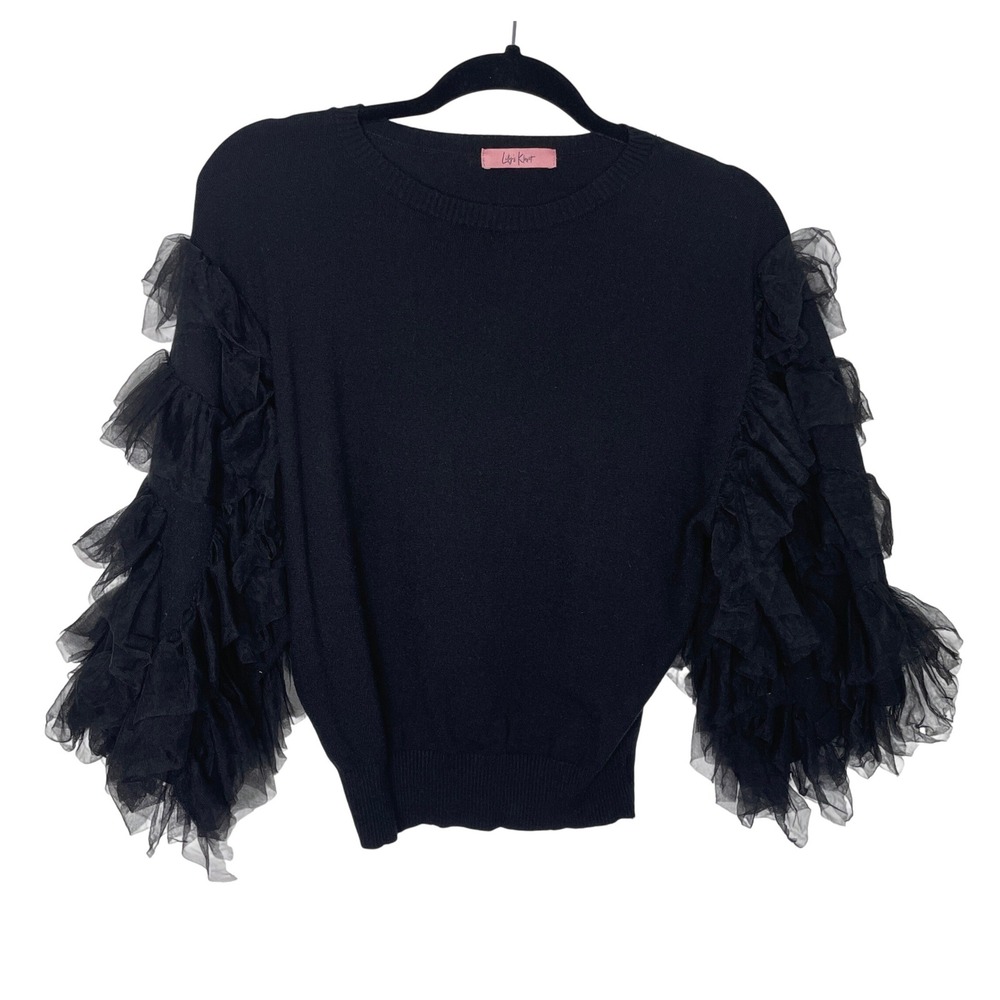 Lilly's Kloset Sweater Womens Medium Black‎ Tulle Ruffle Statement Sleeve